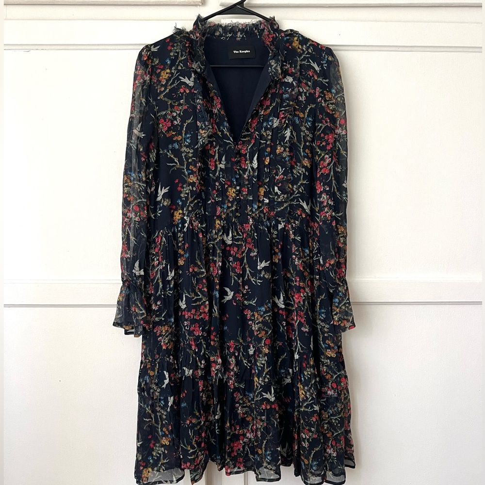 The Kooples Avian & Floral Print Silk Shift Swing Long Sleeve Dress - 2 / M - Picture 3 of 11